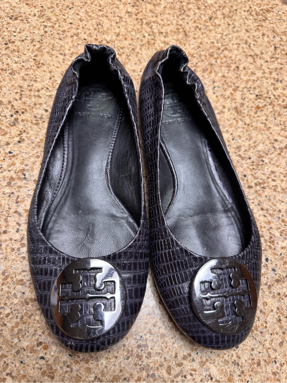 Tory Burch Black Croc-Embossed Logo Ballet Flats